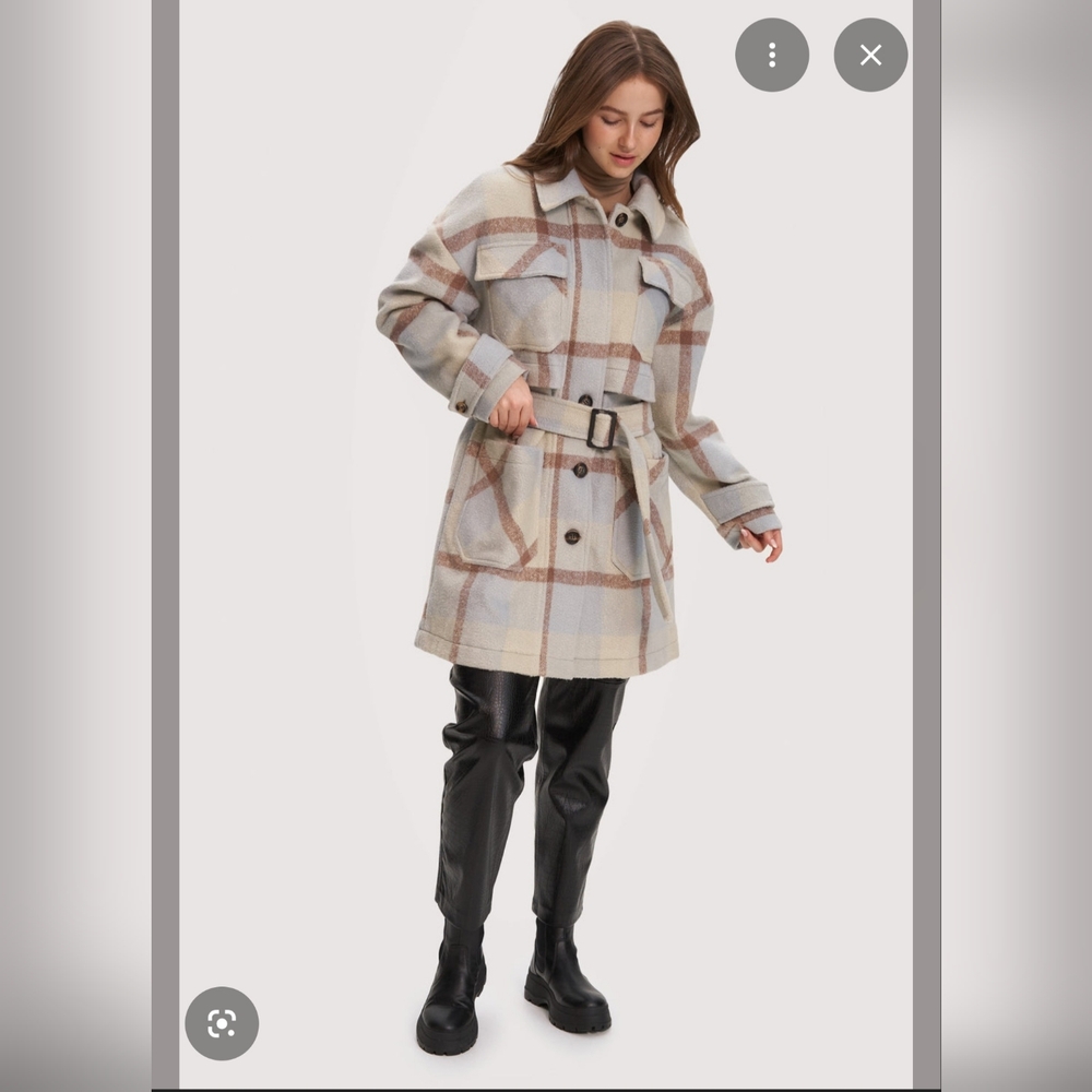 Noize Esly Beige, Brown and Light Blue Plaid Vegan Wool Coat Size L